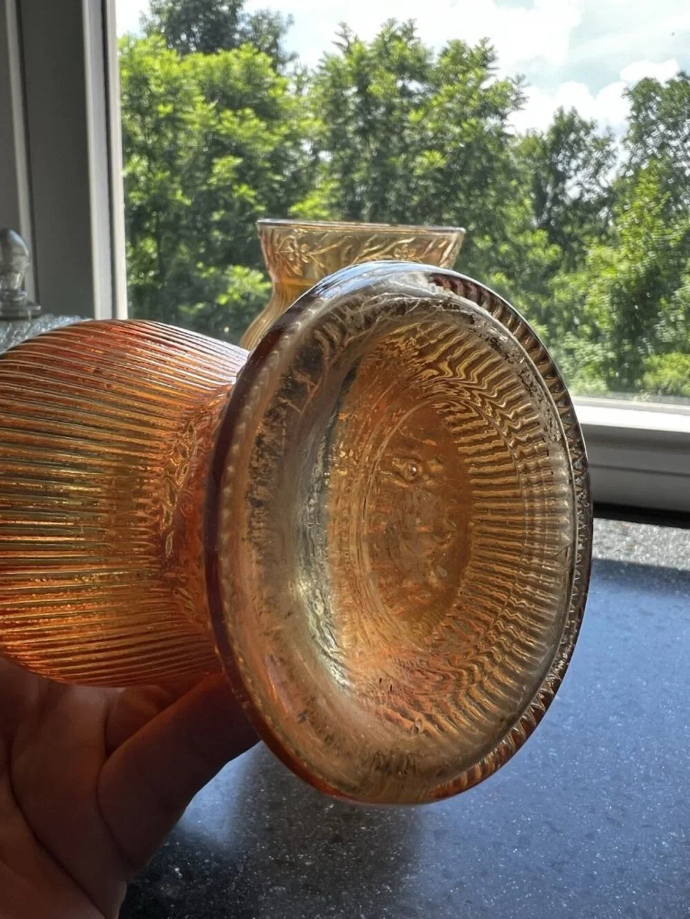c1928 Pair/2 Jeanette Prism & Daisy Band Floral Ribbed Iridescent Glass 6